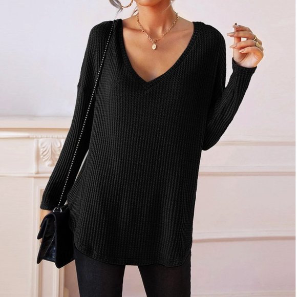 Tops - Waffle Knit Drop Shoulder V Neck Tee